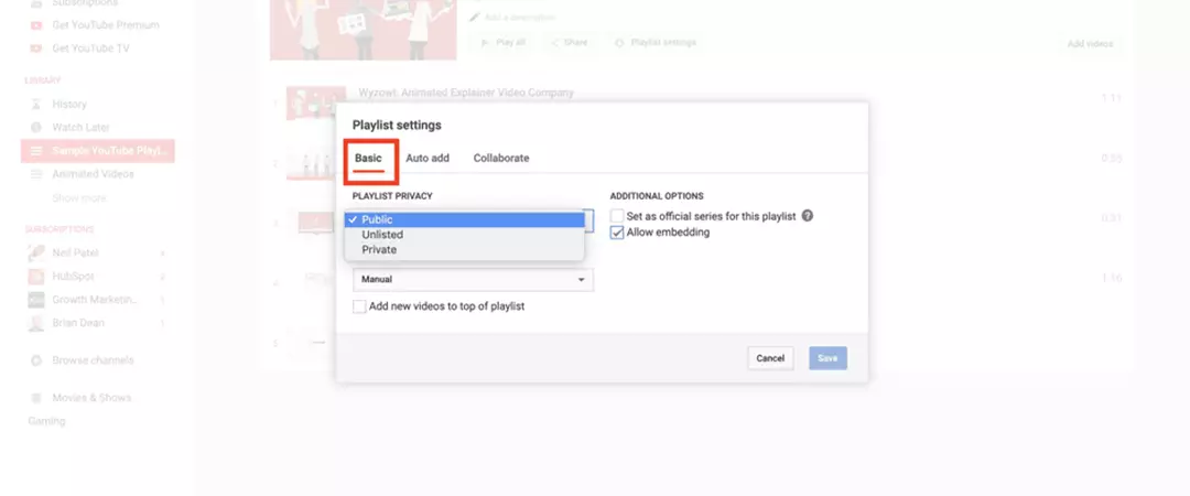 Privacy settings on YouTube playlists